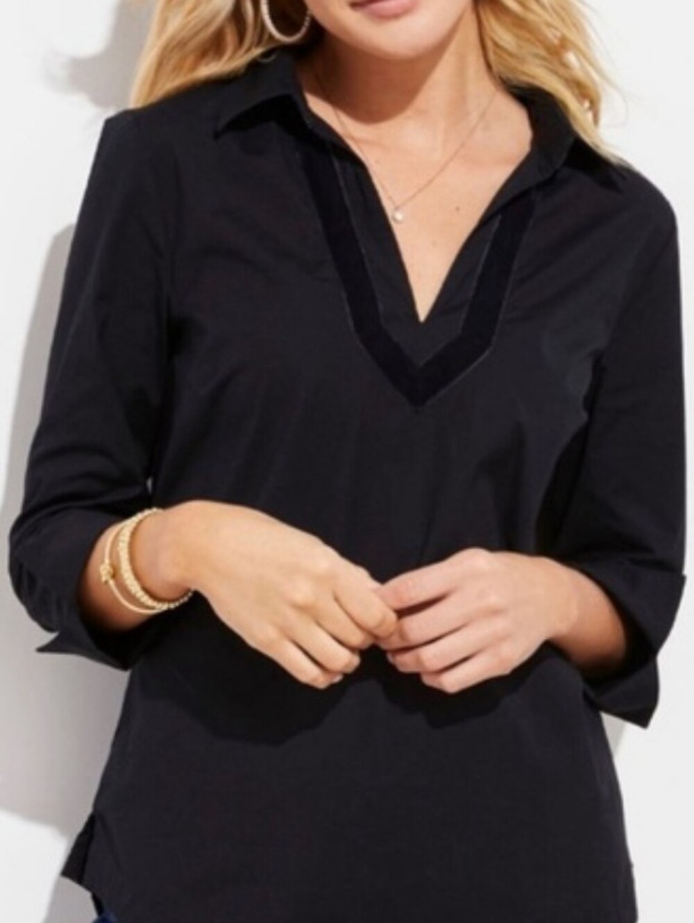 NWT Vineyard Vines Popover Shirt Velvet Trim Black Top Large Blouse Vneck